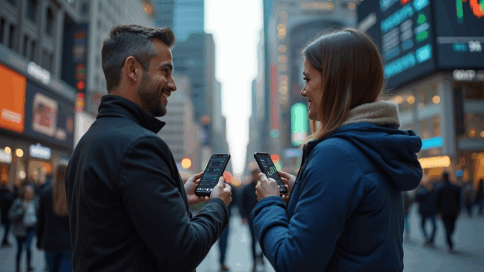 Two Happy People Holding SmartPhones