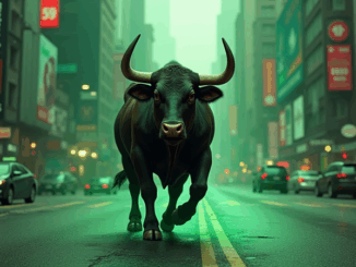 A Strong Bull Roaming in the City in a Green Atmosphere