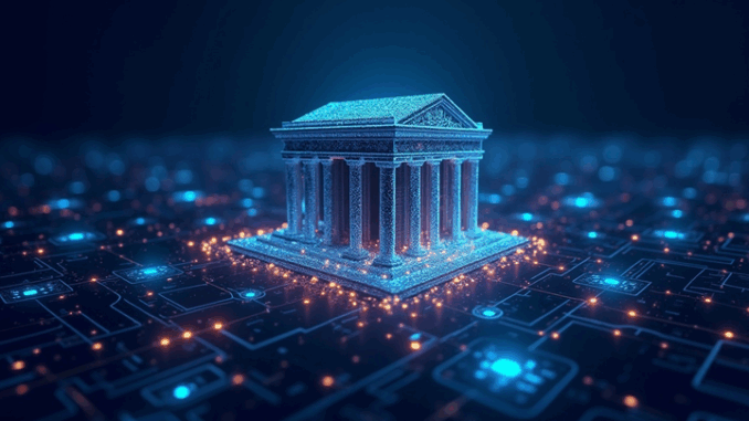 /invezz2 create an image showing modern bank building connected by glowing digital lines to a stylized blockchain network. Include Chainlink and Swift logos