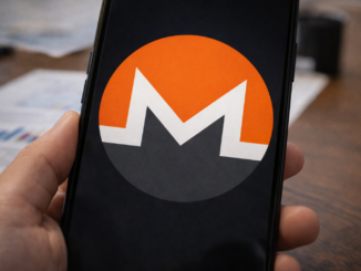 A smartphone held in hand displays the Monero cryptocurrency logo on its screen, with financial documents blurred in the background.